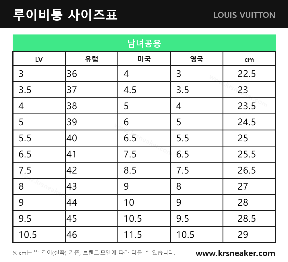 루이비통 LOUIS VUITTON 사이즈표