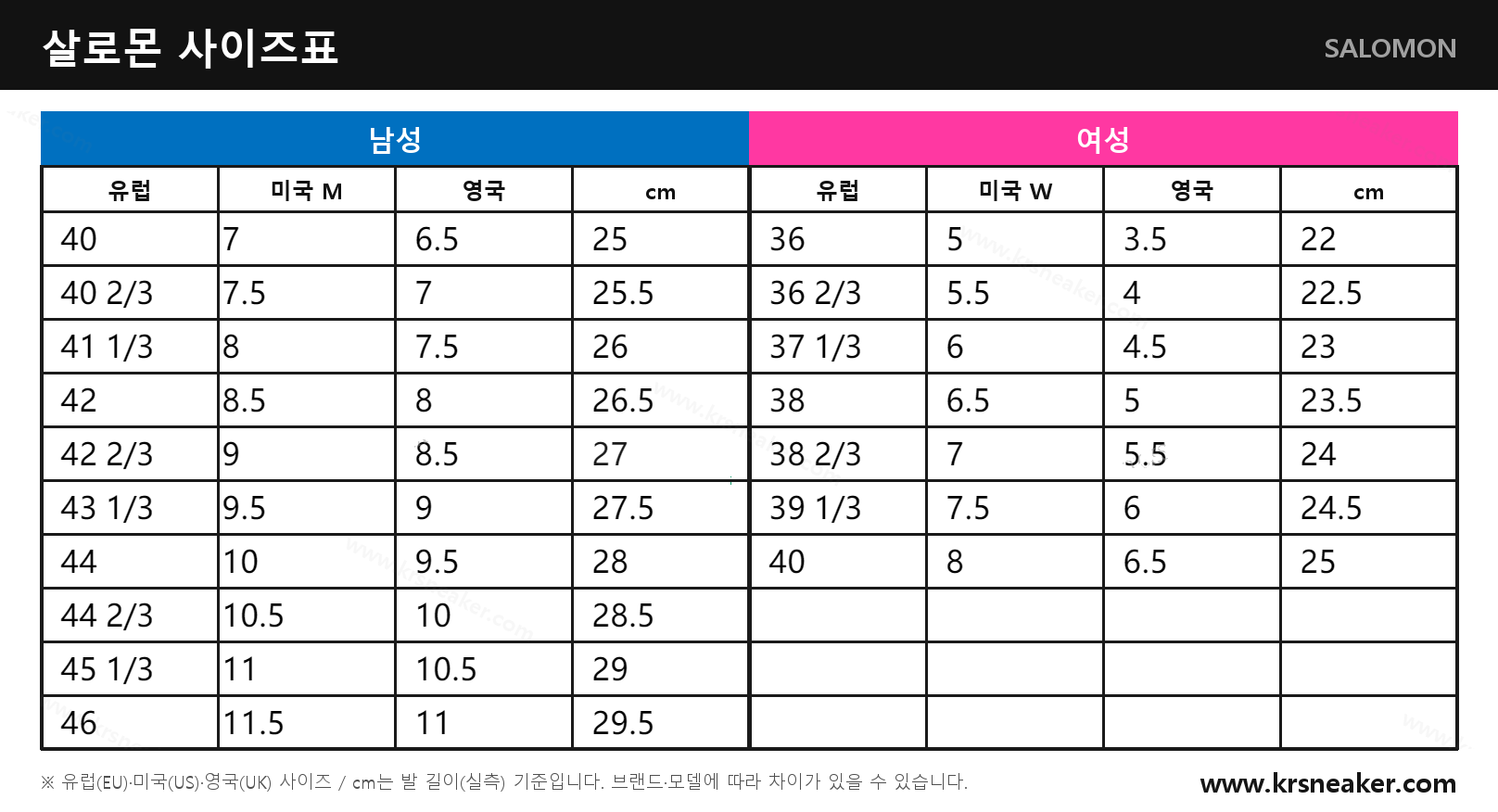 살로몬 SALOMON 사이즈표
